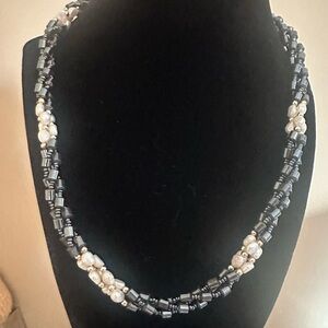 Twisted Hematite And Freshwater Pearl Bead Necklace with Barrel Closure